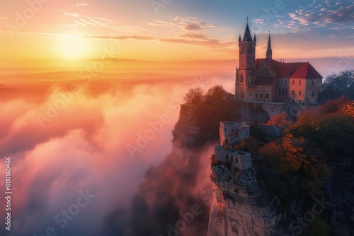 Gothic cathedral on a rocky hill, clouds and sunset in the background, fantasy concept.