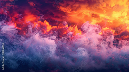 A vibrant tapestry of smoke in sunset colors, blending seamlessly into a dark, twilight background.