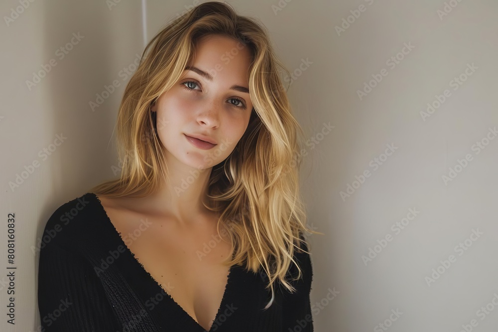 beautiful blonde woman in black vneck sweater copy space attractive portrait photography beautiful blonde woman in black vneck sweater copy space attractive portrait photography