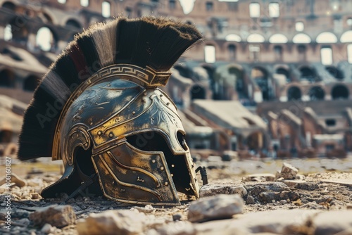 Helmet of a gladiator on the floor of an arena, coliseum in the background, concept of history and fantasy.