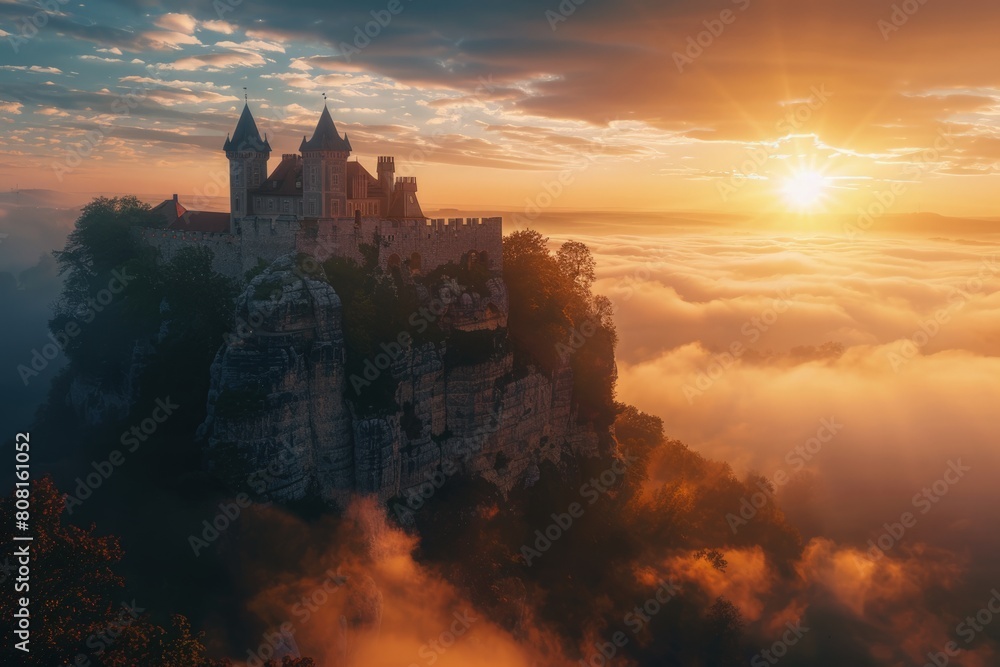 Medieval castle on a rocky hill, clouds and sunset in the background, fantasy concept.