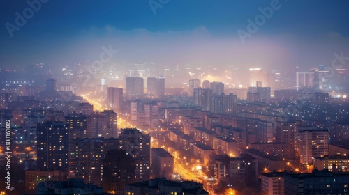The citys skyline glows under a twilight sky, with streets and buildings illuminated.