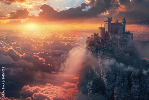 Medieval castle on a rocky hill  clouds and sunset in the background  fantasy concept.