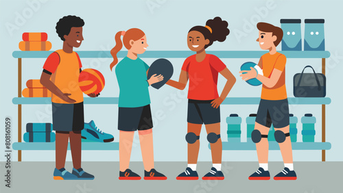 A volleyball team stocking up on secondhand knee pads and ankle braces before the upcoming season at the sports consignment shop.. Vector illustration