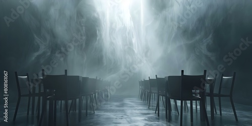 Guests vanish in surreal banquet hall chairs rock in unsettling rhythm. Concept Surrealism, Vanishing Guests, Banquet Hall, Unsettling Rhythm, Mysterious Atmosphere photo