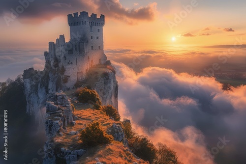 Medieval castle on a rocky hill, clouds and sunset in the background, fantasy concept. photo