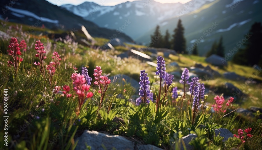 Various wildflowers in full bloom cover the mountain slope in a scenic view Various wildflowers in full bloom cover the mountain slope in a scenic view