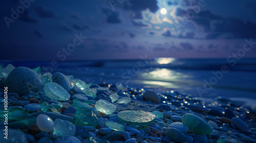 The magical appearance of sea glass and gemstones on a moonlit beach  with the soft moonlight enhancing their glow 