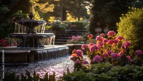 A terraced flower garden with a flowing water fountain amidst vibrant blooms
