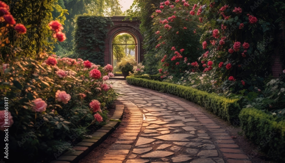 Fototapeta premium A garden filled with blooming roses and a winding stone path snaking through the greenery