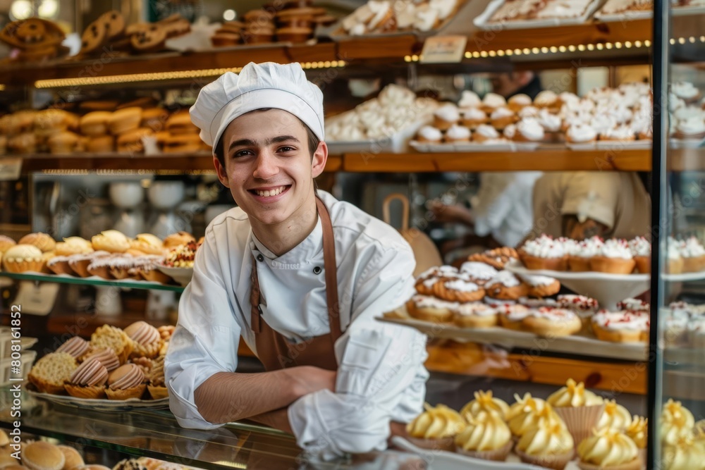 cheerful young baker proudly posing in front of bakery showcase filled with delectable treats