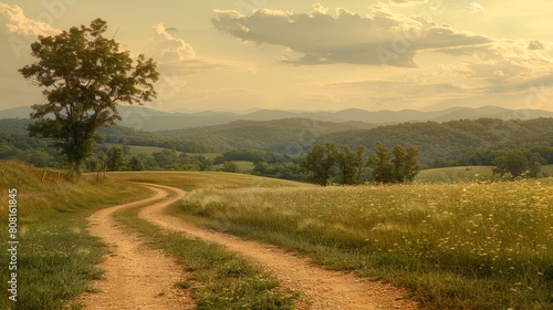   A dirt path cutting through a sprawling grassy expanse  terminating at a solitary tree