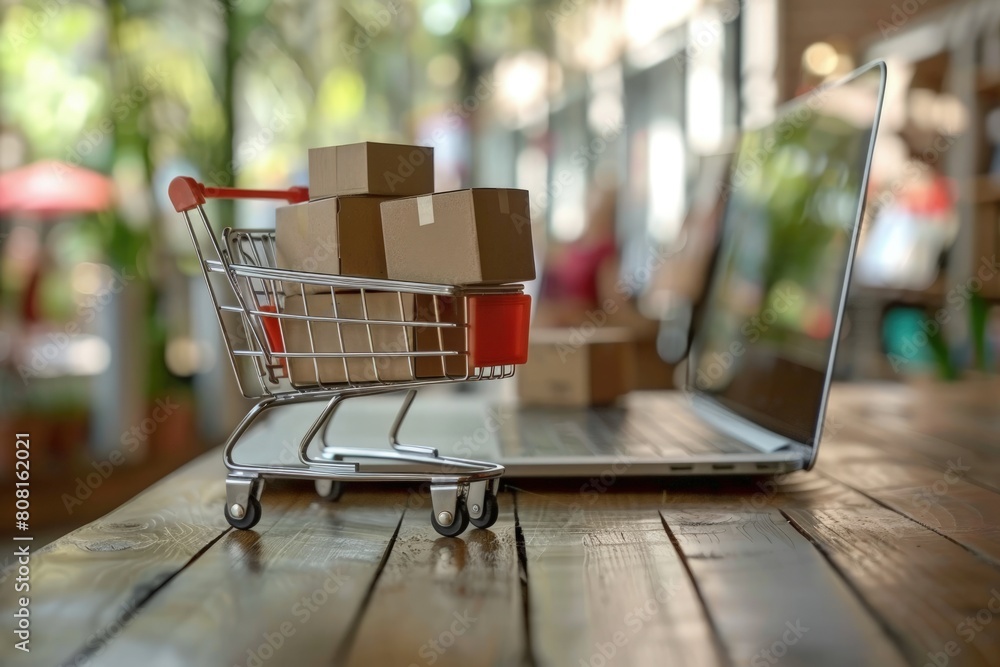 Shopping cart with cardboard boxes and laptop on a wooden table, online store concept, online shopping.
