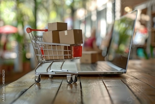 Shopping cart with cardboard boxes and laptop on a wooden table, online store concept, online shopping.