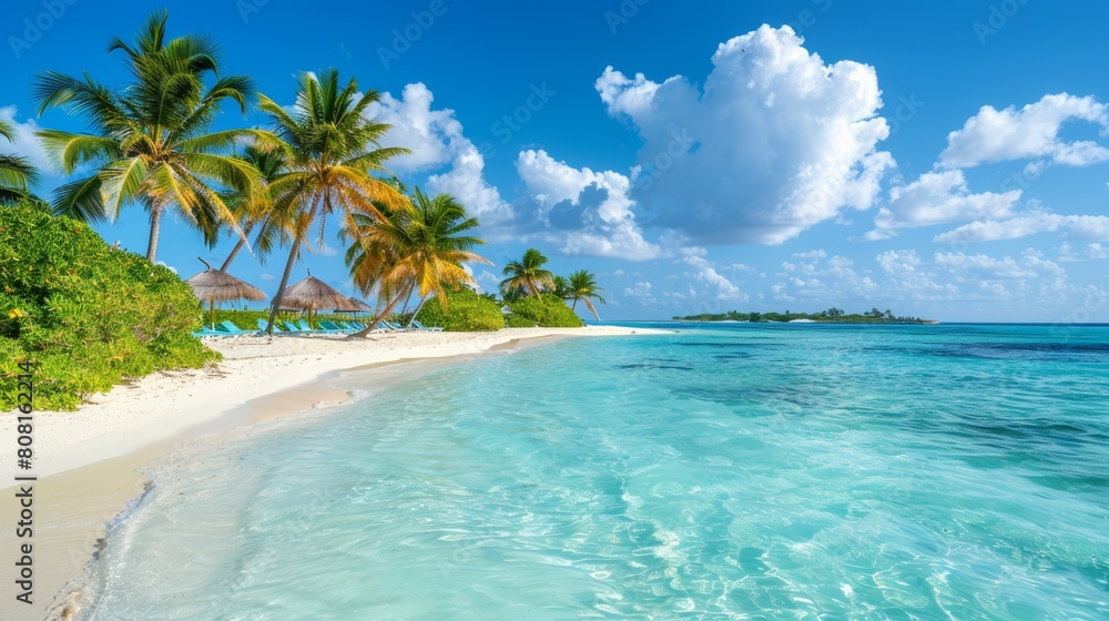 Fototapeta premium A tropical beach with palm trees lining the shore and a expanse of white sand in the foreground, contrasting against the crystal-clear, azure waters