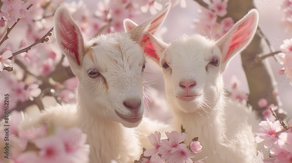 A chorus of laughter fills the air as baby goats frolic among the cherry blossoms, their innocence a joy to behold A chorus of laughter fills the air as baby goats frolic among the cherry blossoms, their innocence a joy to behold
