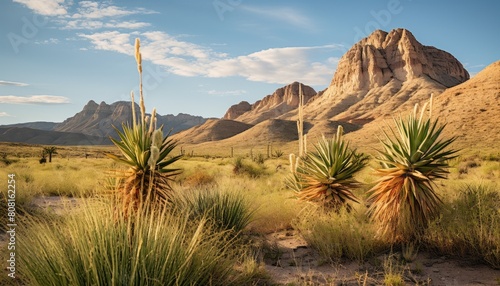 Two yucca plants with white flowers growing in the dry desert soil