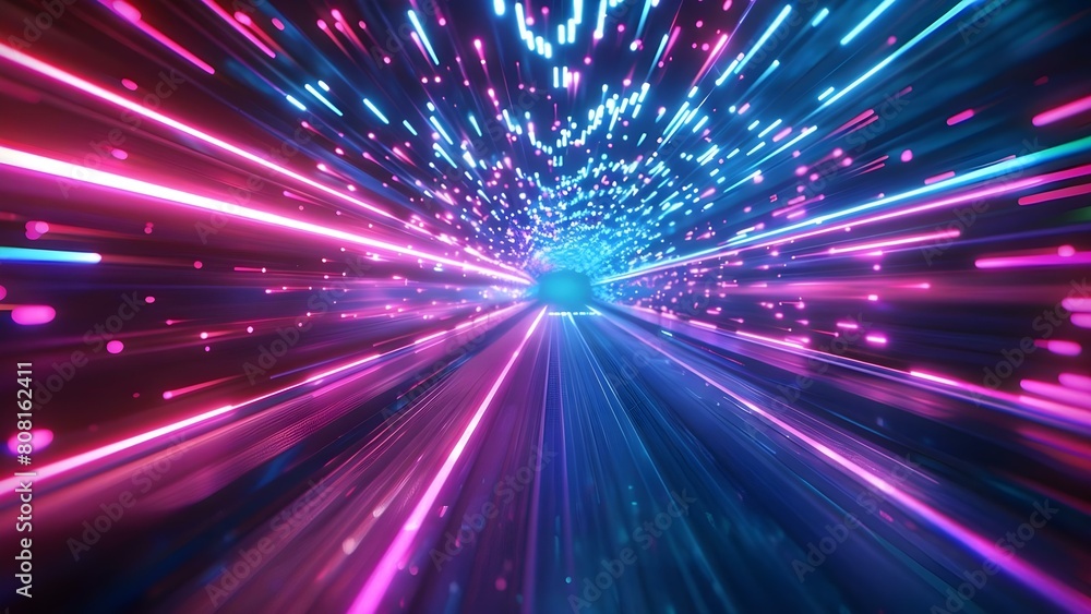 Neon Light Trails in a Futuristic Virtual Reality Setting with Motion Blur. Concept Neon Lights, Light Trails, Futuristic Setting, Virtual Reality, Motion Blur