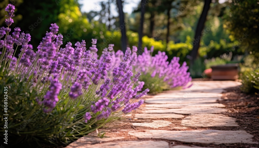 Obraz premium A path made of stones is flanked by blooming lavender flowers in a garden setting
