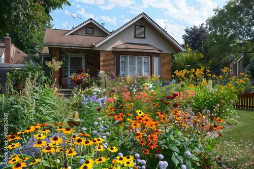 colorful flower garden in front of cozy singlefamily house exterior photo