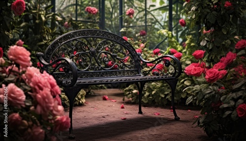 A wrought iron bench sits in a garden filled with vibrant flowers, creating a colorful and inviting scene