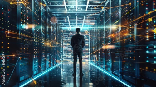 Person standing in a futuristic server room with vibrant lights and high-tech ambiance. Created with Generative AI