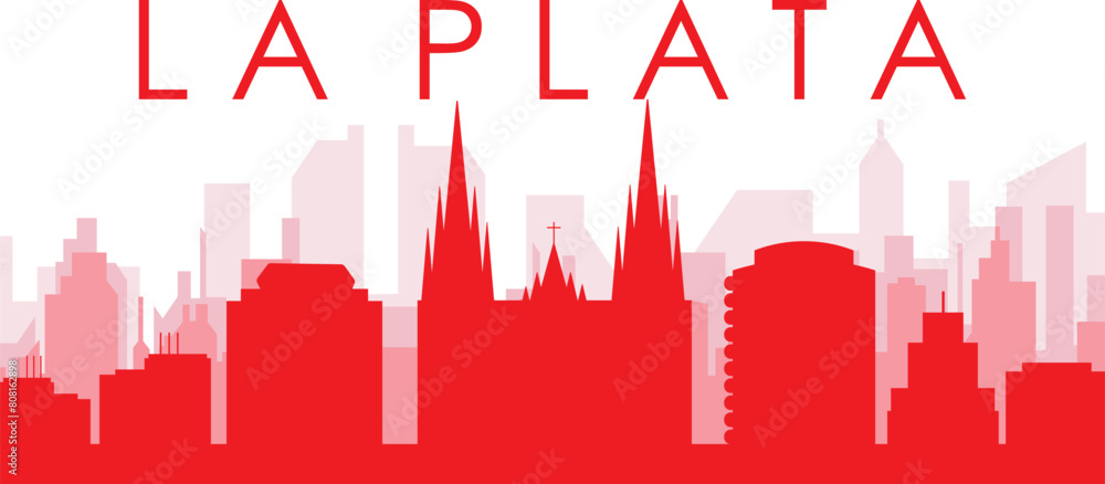 Red panoramic city skyline poster with reddish misty transparent background buildings of LA PLATA, ARGENTINA Red panoramic city skyline poster with reddish misty transparent background buildings of LA PLATA, ARGENTINA