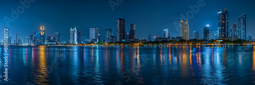 Panorama view of Bangkok business district at night, generative ai