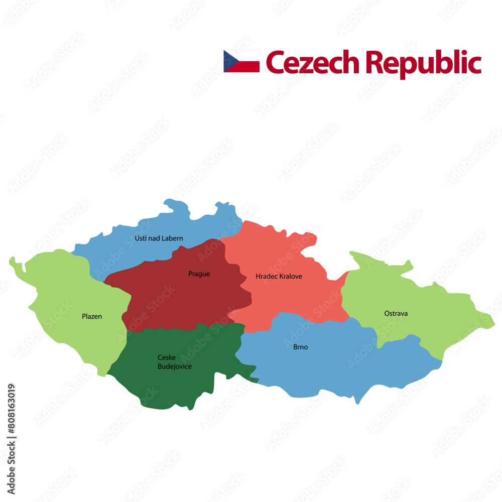 Map of Czech Republic. Czech Republic Flag map. Czech Republic 3d map with borders of regions. Czech Republic Regions Vector Map