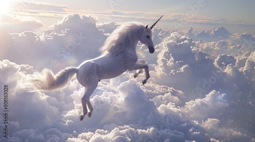 A majestic unicorn leaps through the clouds.