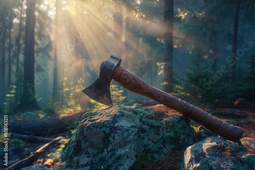 Viking ax on a rock in a forest with sun beaming, concept of history, fantasy. photo