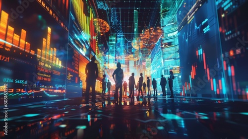 Silhouettes of people stand before vibrant digital stock market graphs in a futuristic setting. Created with Generative AI