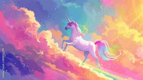A unicorn is standing on a rainbow in the clouds. The unicorn is white with a pink mane and tail. The rainbow is made of red, orange, yellow, green, blue, and purple. The clouds are white and fluffy. photo