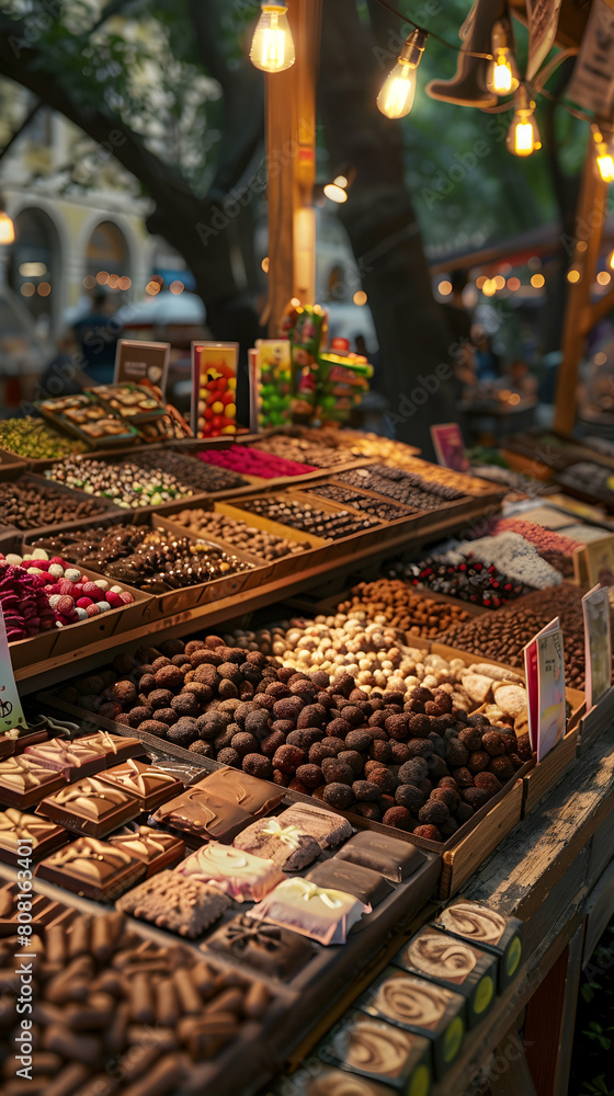 Vibrant Night Market Selling Exotic Chocolate Varieties Draw in Enthusiastic Customers in Ultra Realistic Photo Concept