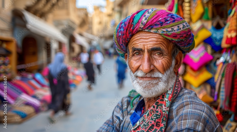   A bearded man in a white turban and vibrant scarf stands before a bustling marketplace