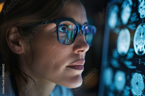 A focused woman with glasses examining digital scans on a computer screen