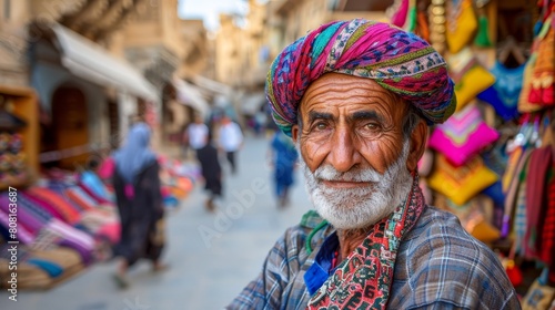  A bearded man in a white turban and vibrant scarf stands before a bustling marketplace