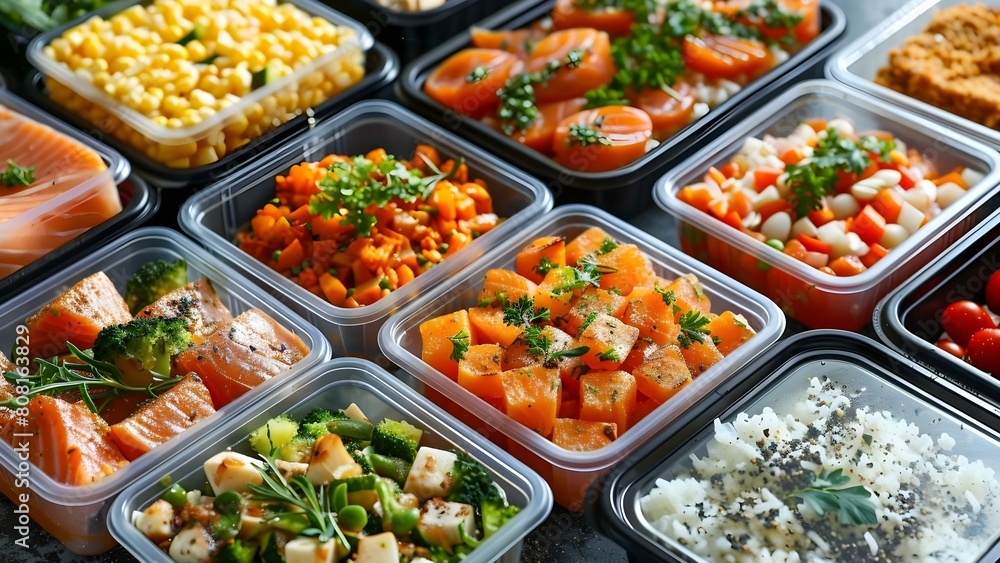 Promotional Image for Delivery of Prepackaged Healthy Meals in Plastic Containers. Concept Healthy eating, Meal delivery, Plastic containers, Promotional image Promotional Image for Delivery of Prepackaged Healthy Meals in Plastic Containers. Concept Healthy eating, Meal delivery, Plastic containers, Promotional image