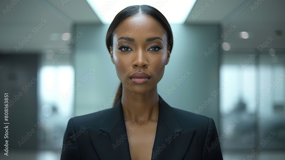 A woman in a business suit gazes seriously into the camera, standing in a hallway A woman in a business suit gazes seriously into the camera, standing in a hallway