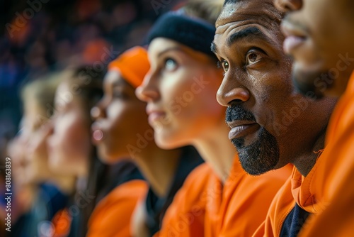 A group of people sitting closely together in the front rows at a basketball game, all intensely focused on the action unfolding in front of them