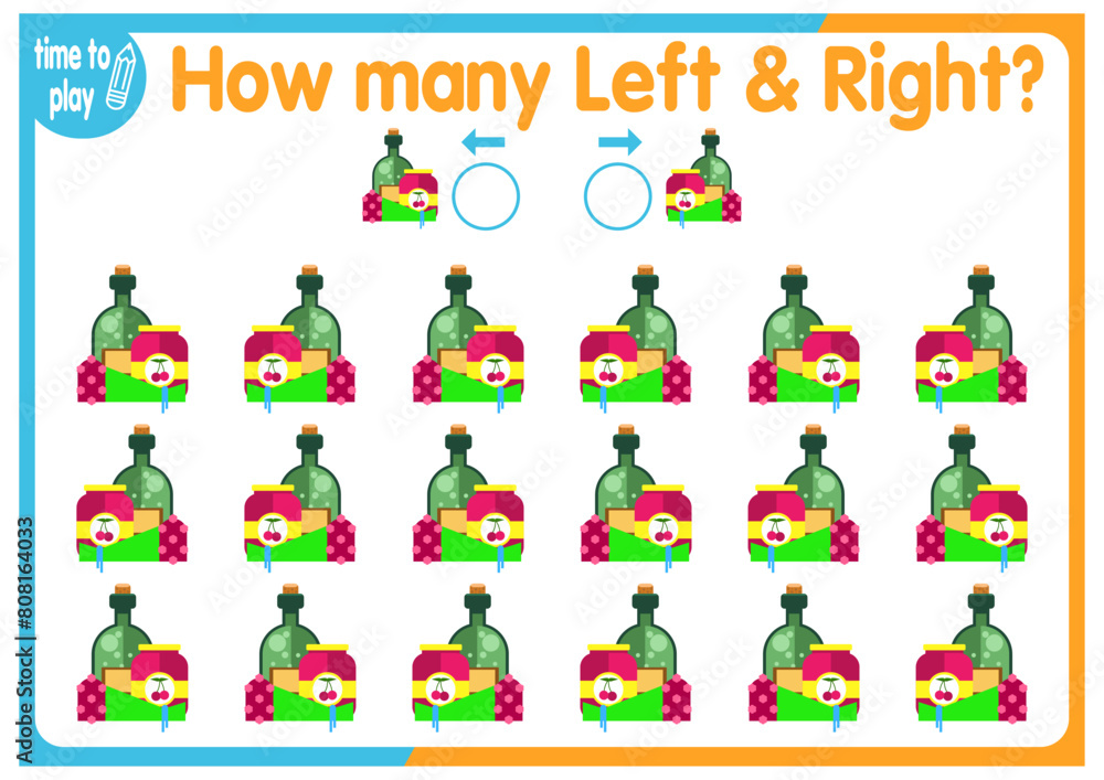 children's educational game, tasks. count how many elements will be placed on the right and how many on the left.