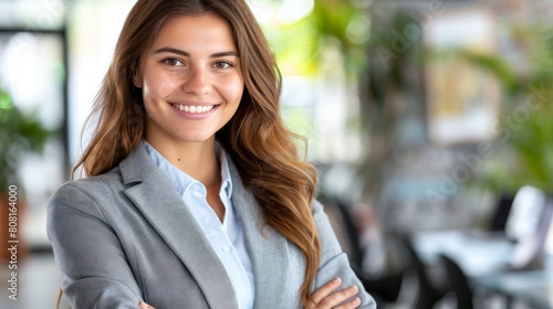   A woman in a business suit  arms crossed  smiles at the camera
