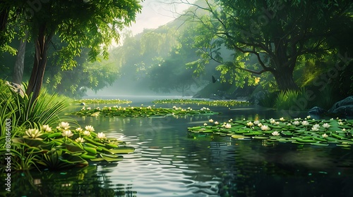 A tranquil riverside scene with lush greenery  reflecting the harmony and abundance of the Eid celebration