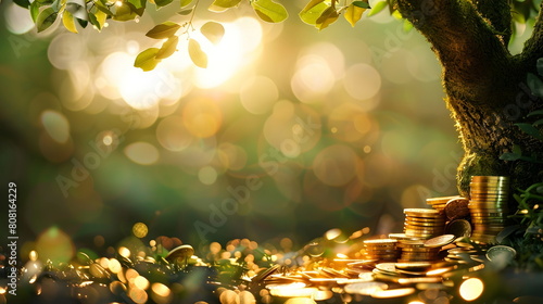 A golden money tree with coins under it photo