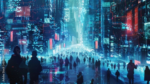 A bustling cyberpunk cityscape at night, aglow with neon lights, with silhouettes of people walking. Created with Generative AI