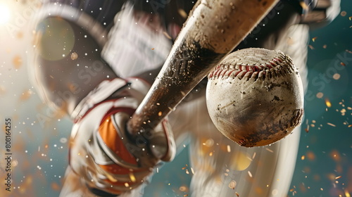 Closeup of a baseball being hit with the bat photo