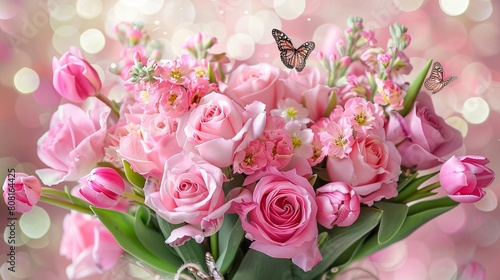 bunch of fresh pink roses andwtite tulips flowers with butterflies on bokeh background