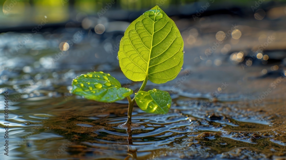 A tiny green plant emerges from the water's surface, surrounded by dewdrops A tiny green plant emerges from the water's surface, surrounded by dewdrops