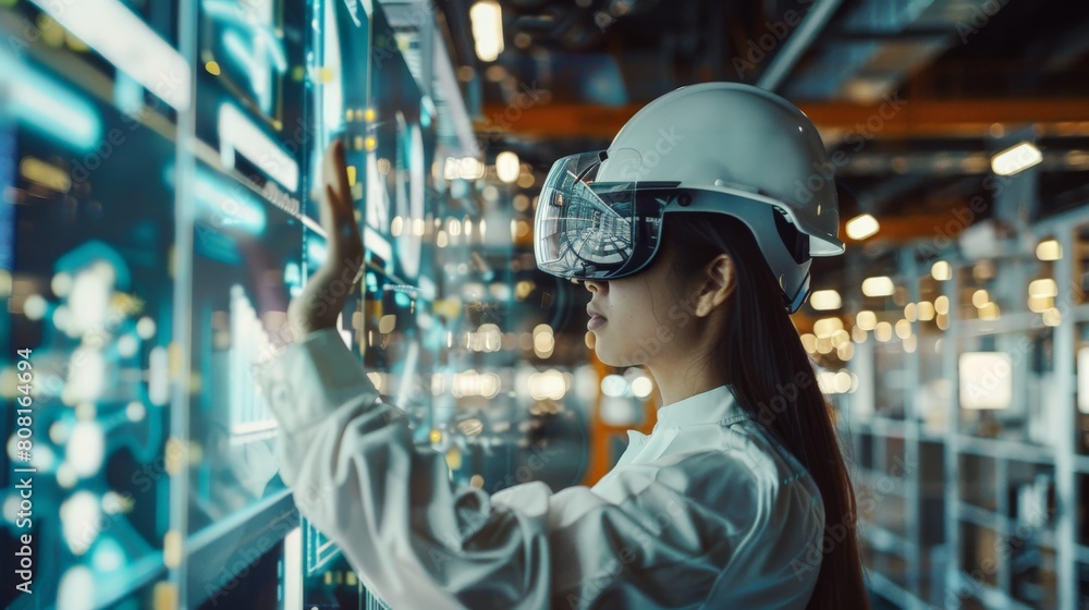 A woman wearing a hard hat and virtual reality headset works in a smart factory.
