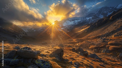 mountain sunrise beauty, as the sun rises, its golden rays paint a mystical pattern of light and shadow on the mountain slopes, a captivating sight to see